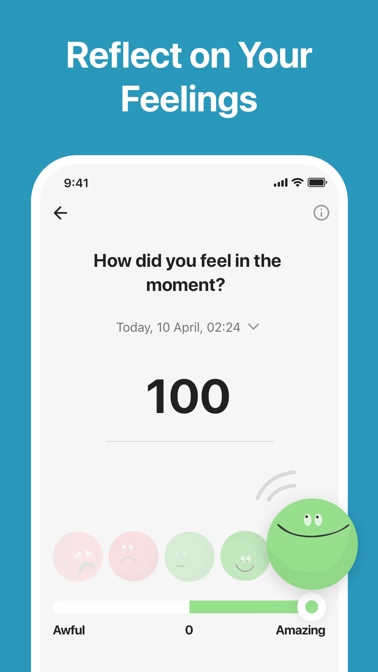 Emotly emotion rating screen showing a scale from -100 to 100